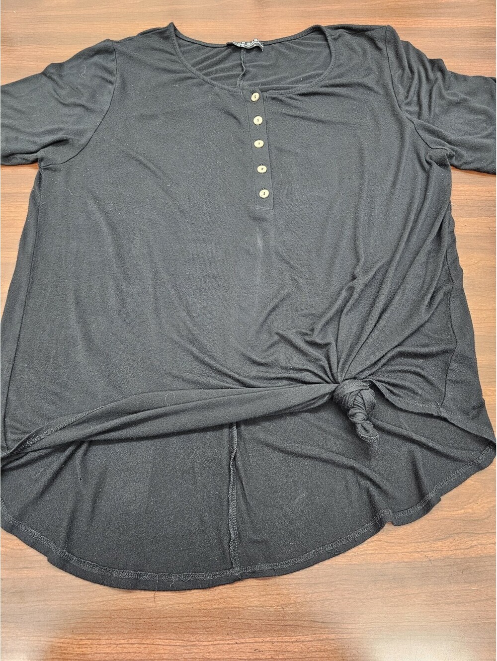 Womens L Black Top Short Sleeve Casual Basic Stretch Knotted Front Blouse Soft